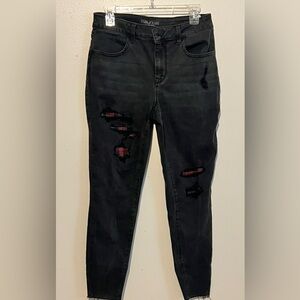 Maurice’s Medium Charcoal Buffalo Plaid with Frayed and Distressed Jeans